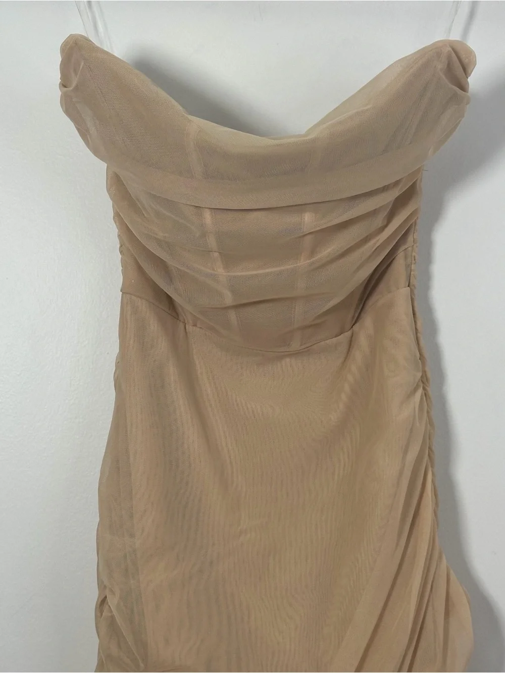 Oh Polly Nude Beige Ruched Mesh Bodycon Mini Dress Size US 4 NWT